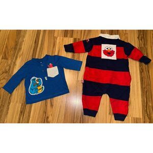 Sesame Street Elmo Cookie Monster Blue Shirt 0/3 Months Romper 3/6 Months Lot‎